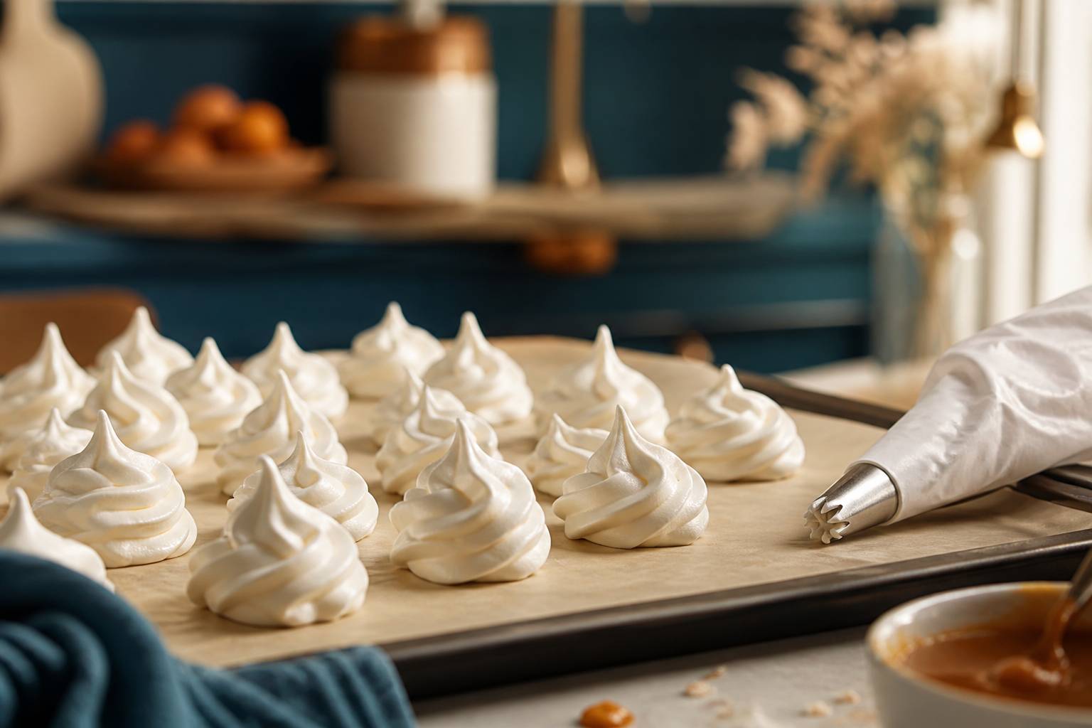 Petites meringues suisses dressées en spirale sur une plaque