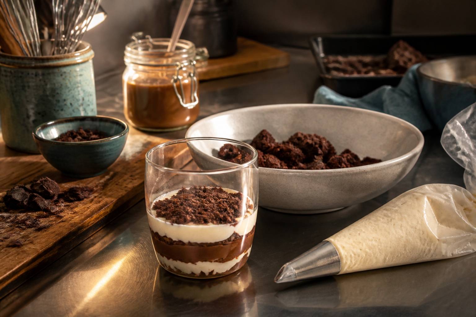 Montage d'un tiramisu avec miettes de brownie et crème mascarpone