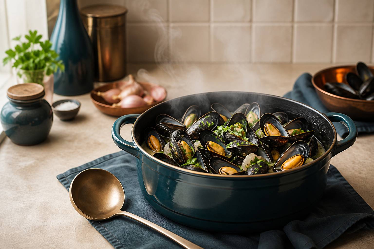 Marmite de moules ouvertes cuisinées au vin blanc avec échalotes et persil sur une table en bois