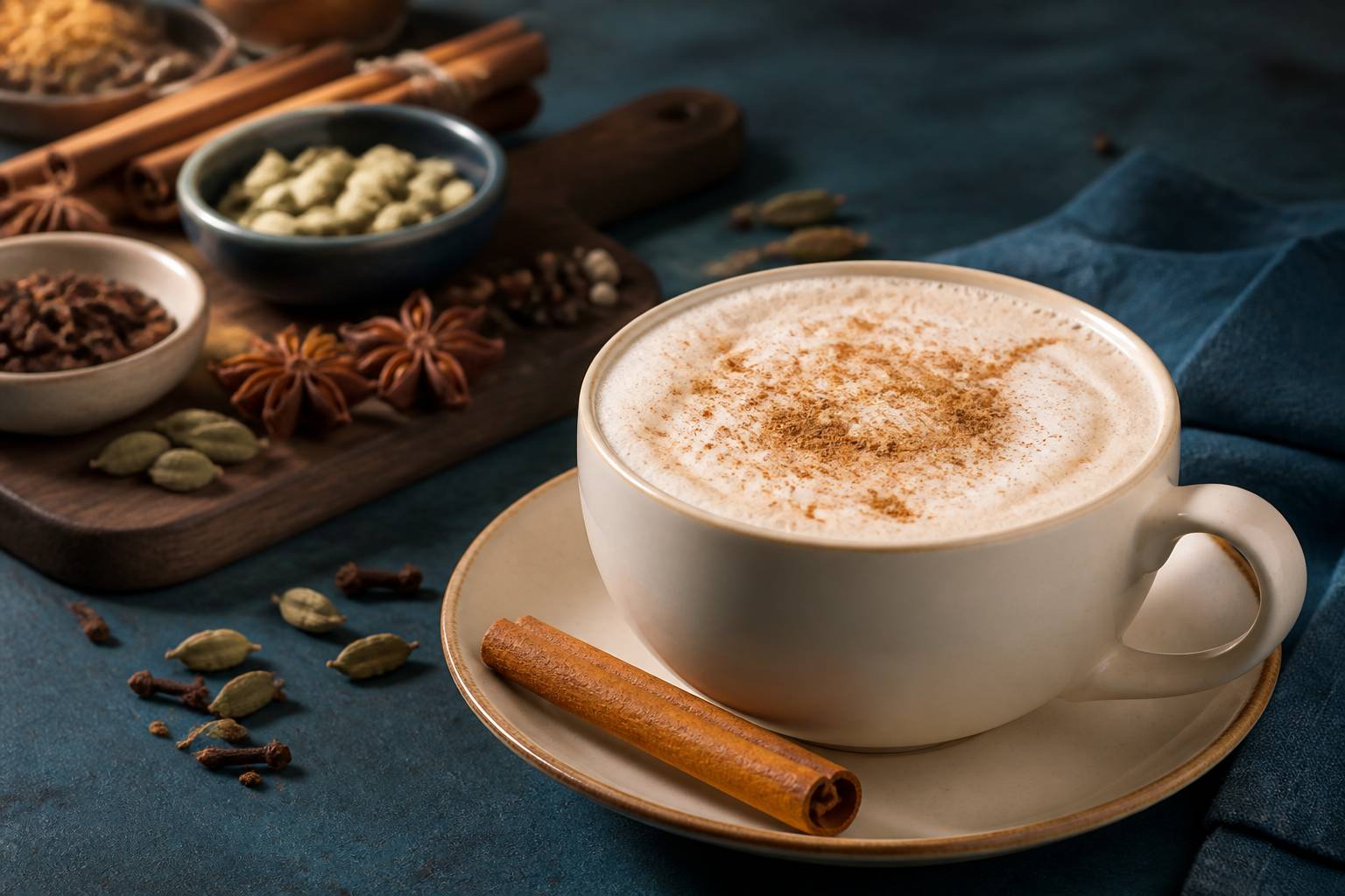 Gros plan sur la mousse d'un chai latte saupoudrée de cannelle