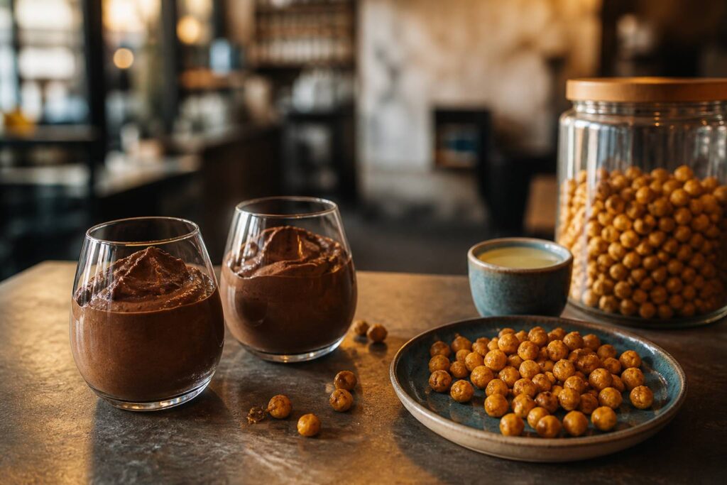 Mousse au chocolat noir en verrines avec pois chiches rôtis