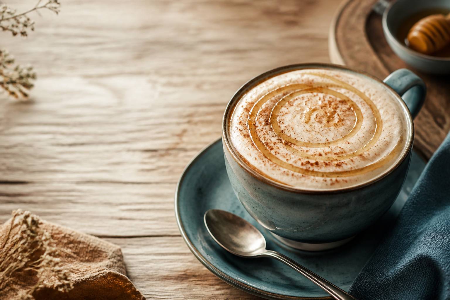 Gros plan sur la mousse de lait d'un latte au miel saupoudrée de cannelle