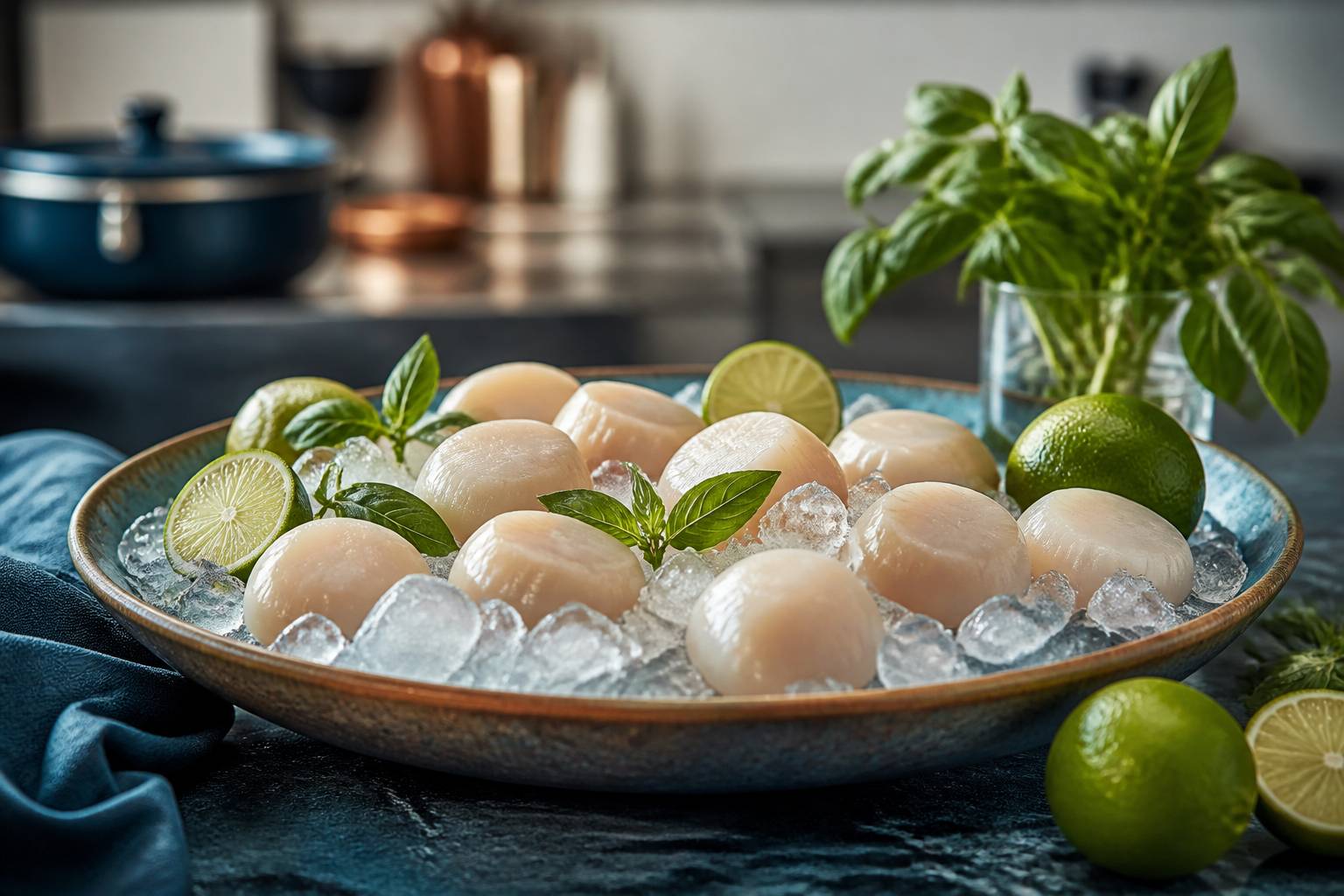 Noix de Saint-Jacques fraîches sur glace pilée avec citrons verts et basilic