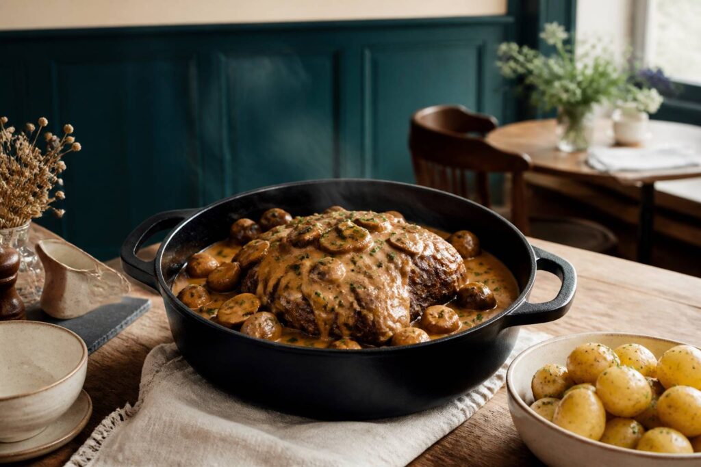 Paleron de veau braisé en cocotte avec une sauce aux champignons