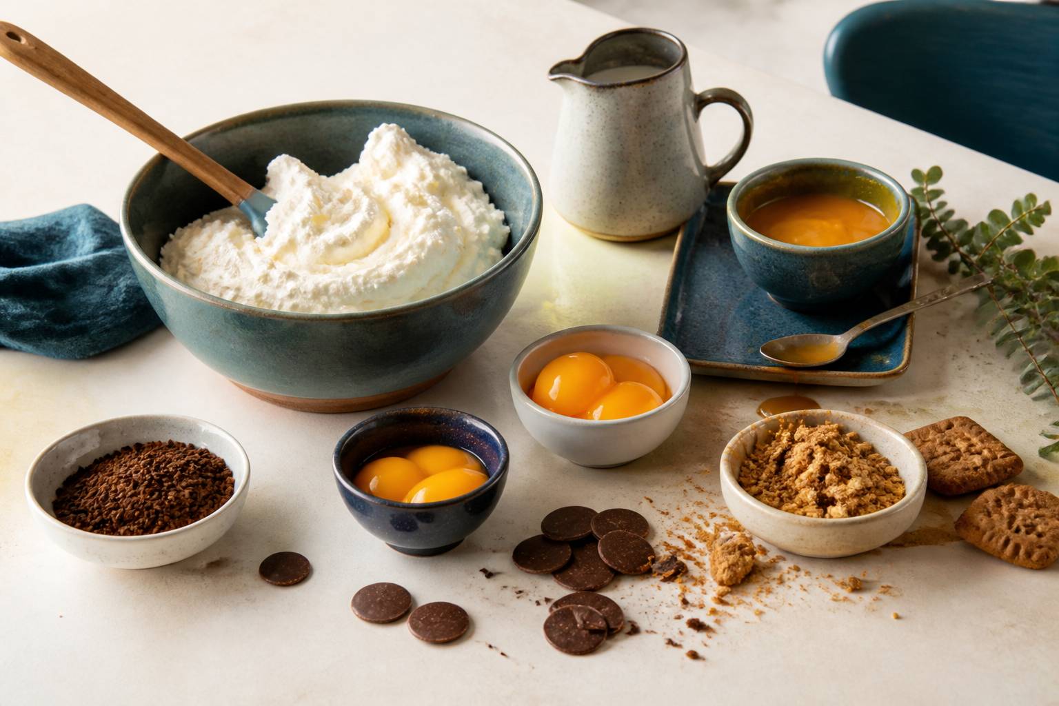 Préparation de parfait glacé avec crème, miel et spéculoos