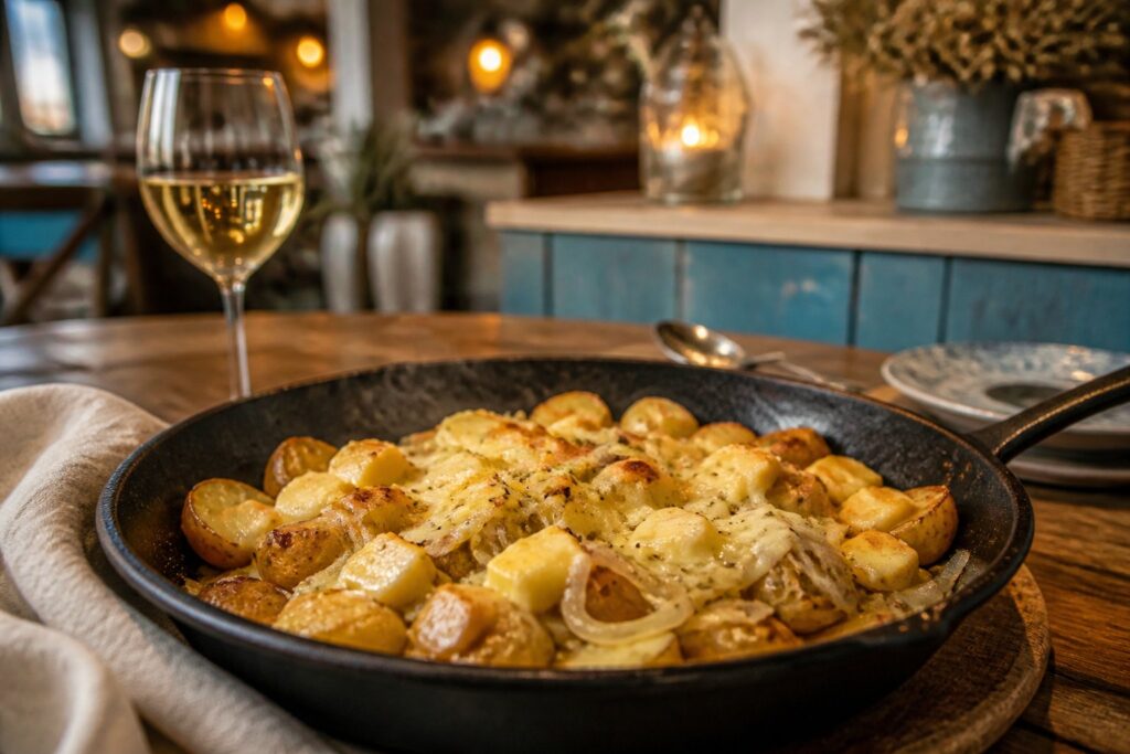 Poêlée savoyarde de pommes de terre rissolées au reblochon fondu dans une poêle en fonte
