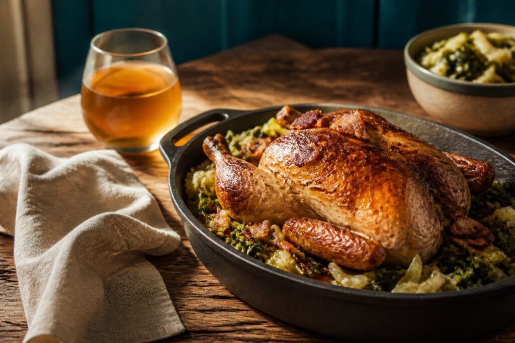 Pintade rôtie dorée avec lardons croustillants et chou vert braisé en plat en fonte
