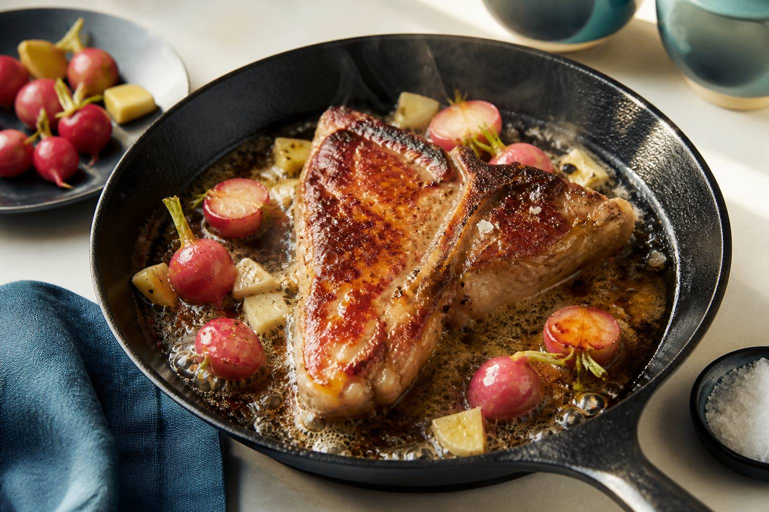 T-bone de veau saisi dans une poêle en fonte