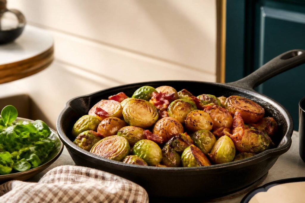 Poêlée de choux de Bruxelles dorés, pommes de terre et lardons dans une poêle en fonte