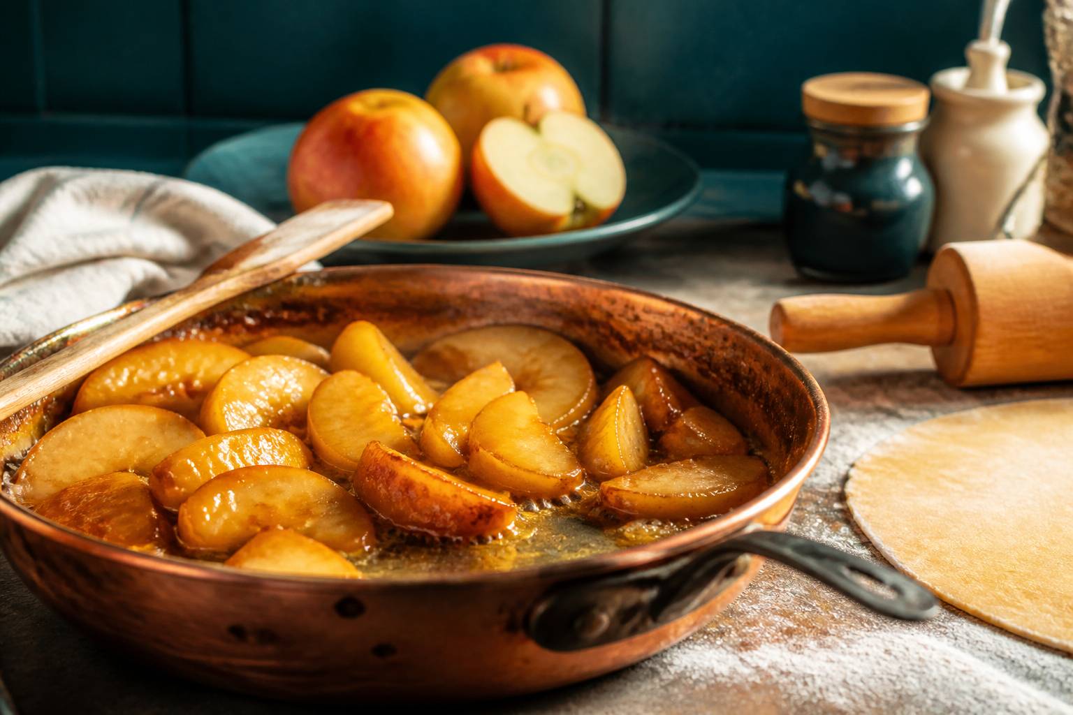 Pommes caramélisées cuisant dans une poêle en cuivre