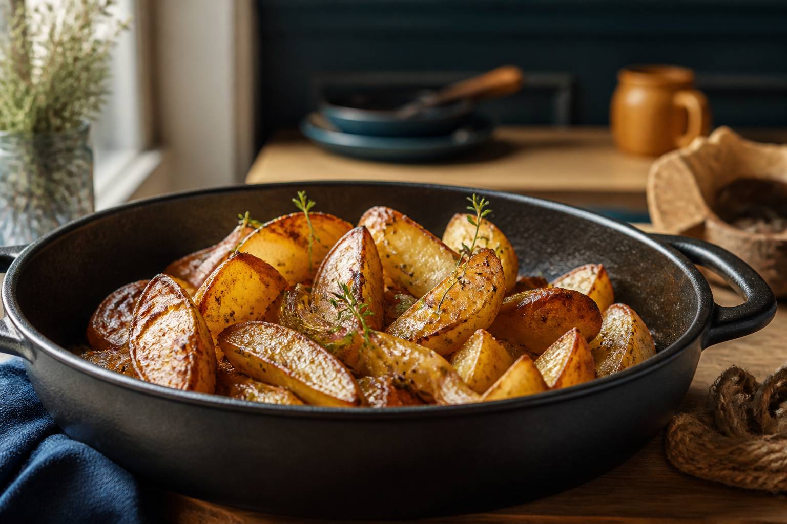 Pommes de terre dorées rôties avec oignons et thym dans un plat en fonte