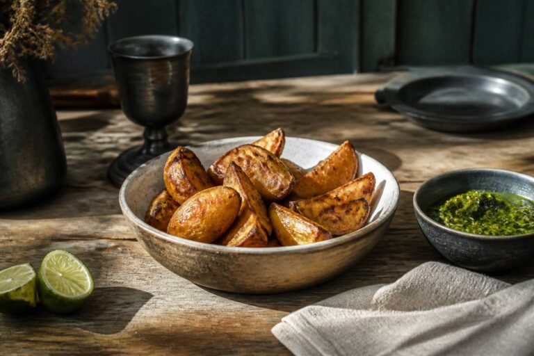 Pommes de terre en quartiers rôties au four accompagnées d&rsquo;une sauce salsa maison