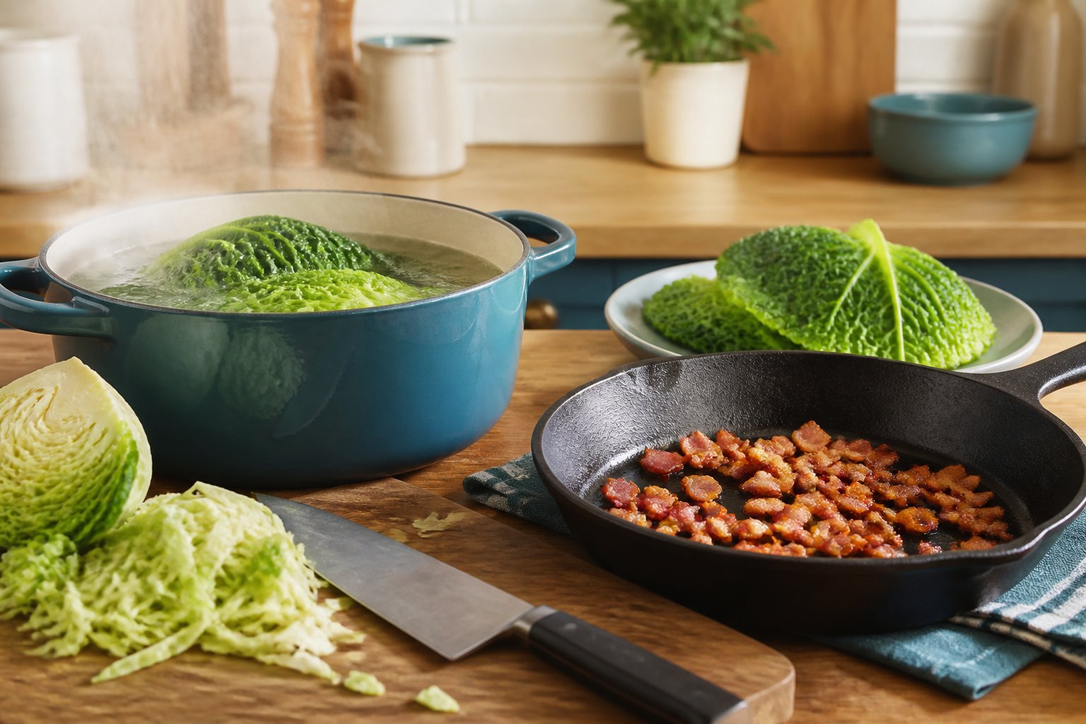 Feuilles de chou vert blanchies et lardons dorés dans une poêle en fonte