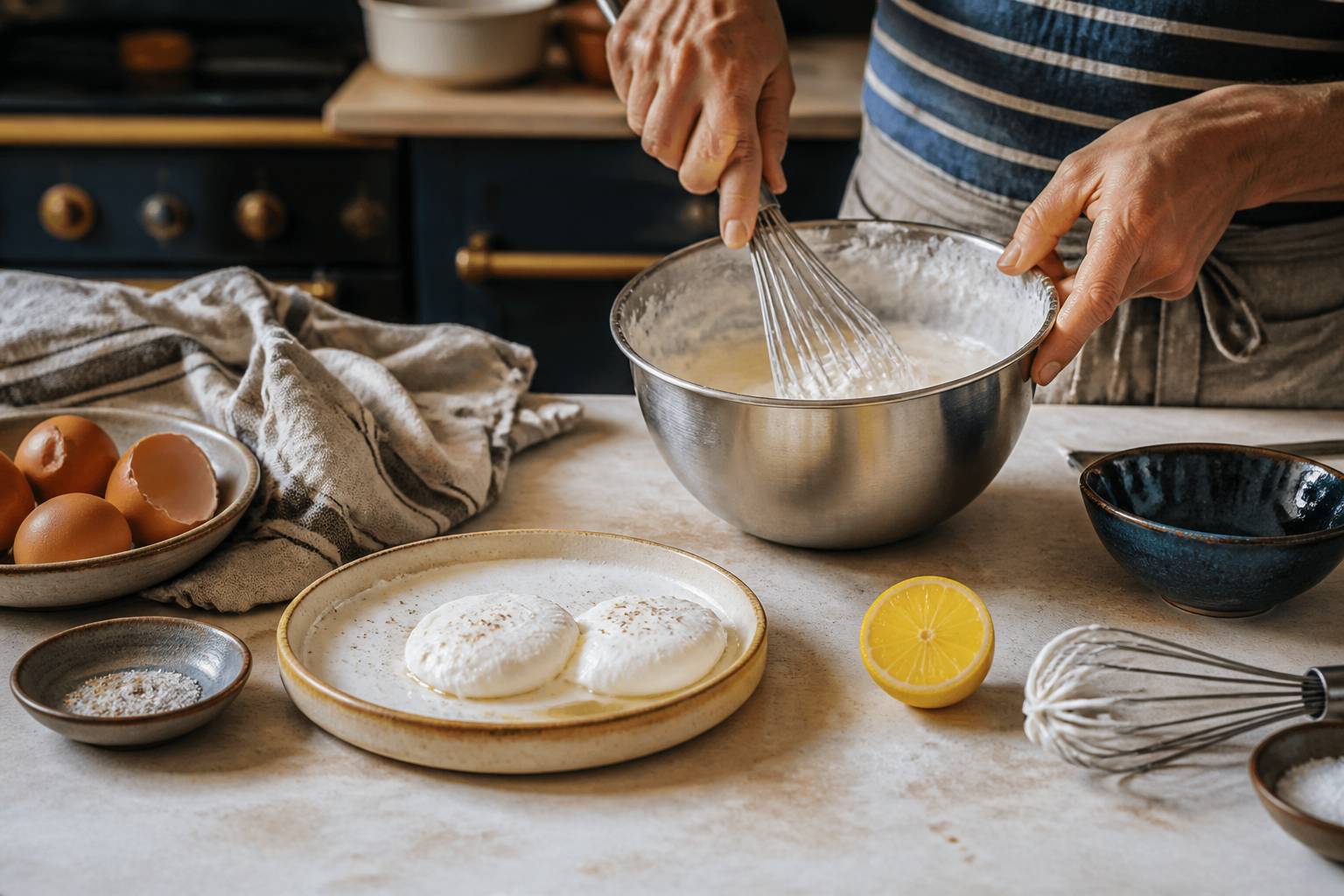 Mains fouettant une crème montée dans un bol en inox avec des œufs pochés
