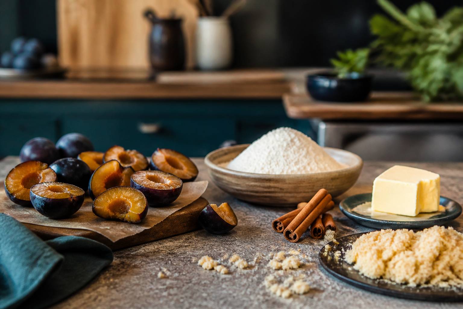 Prunes fraîches avec beurre, farine et cannelle pour un crumble