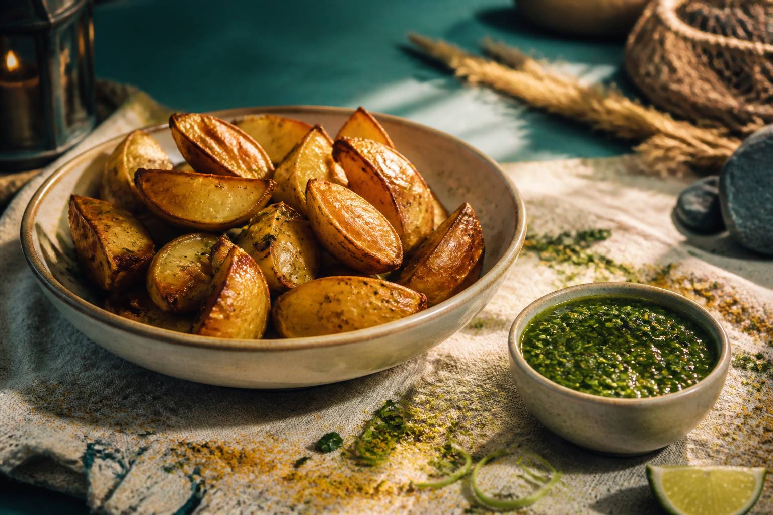 Quartiers de pommes de terre croustillants près d'un bol de salsa aux herbes