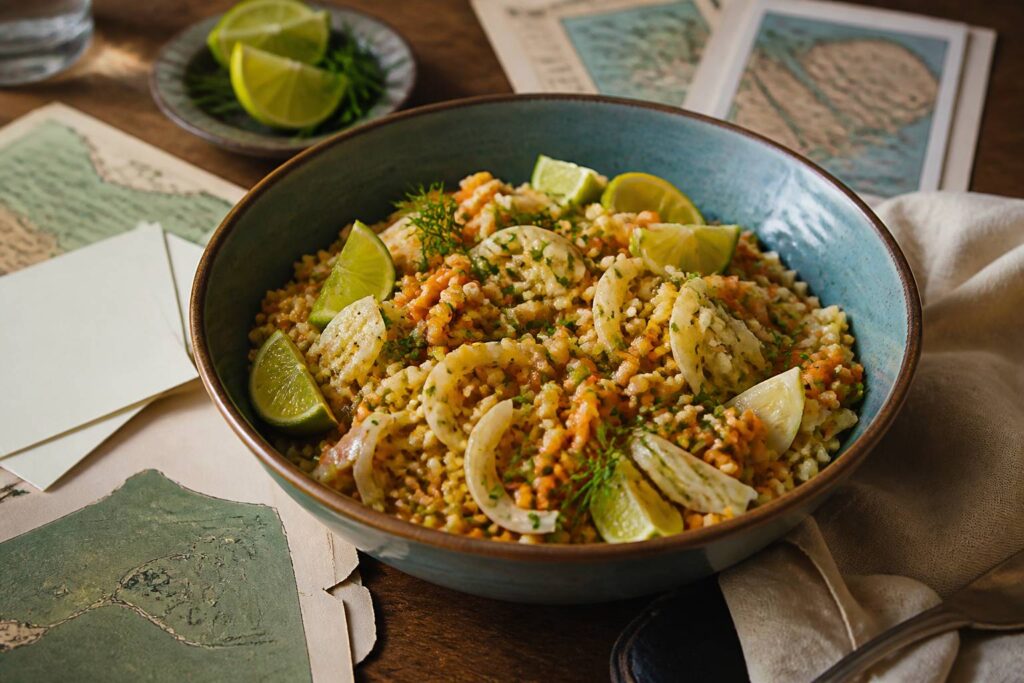 Salade fraîche de lentilles corail, boulgour et fenouil dans un saladier