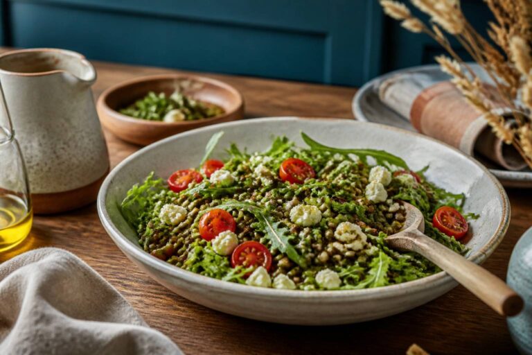 Salade fraîche et croquante de lentilles, roquette poivrée et feta crémeuse