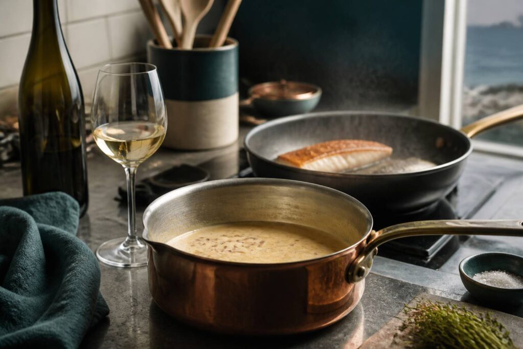 Sauce beurre blanc onctueuse en casserole avec échalotes et vin blanc, filet de poisson en arrière-plan