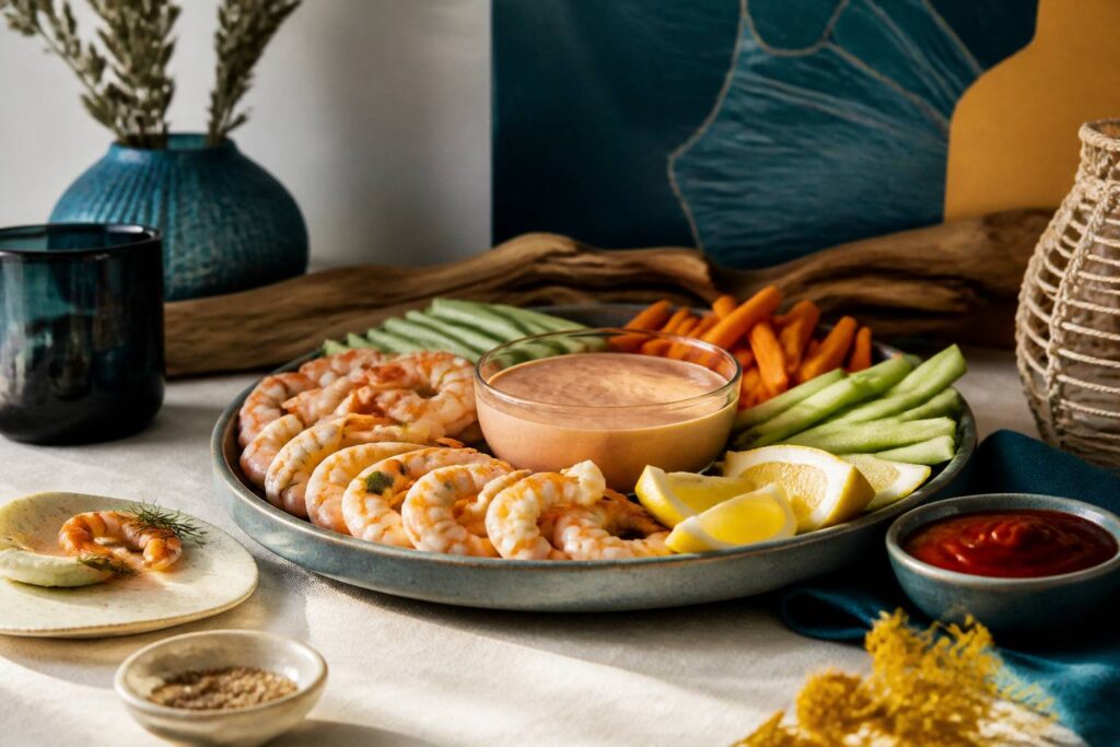 Bol de sauce cocktail rose avec crevettes et bâtonnets de légumes