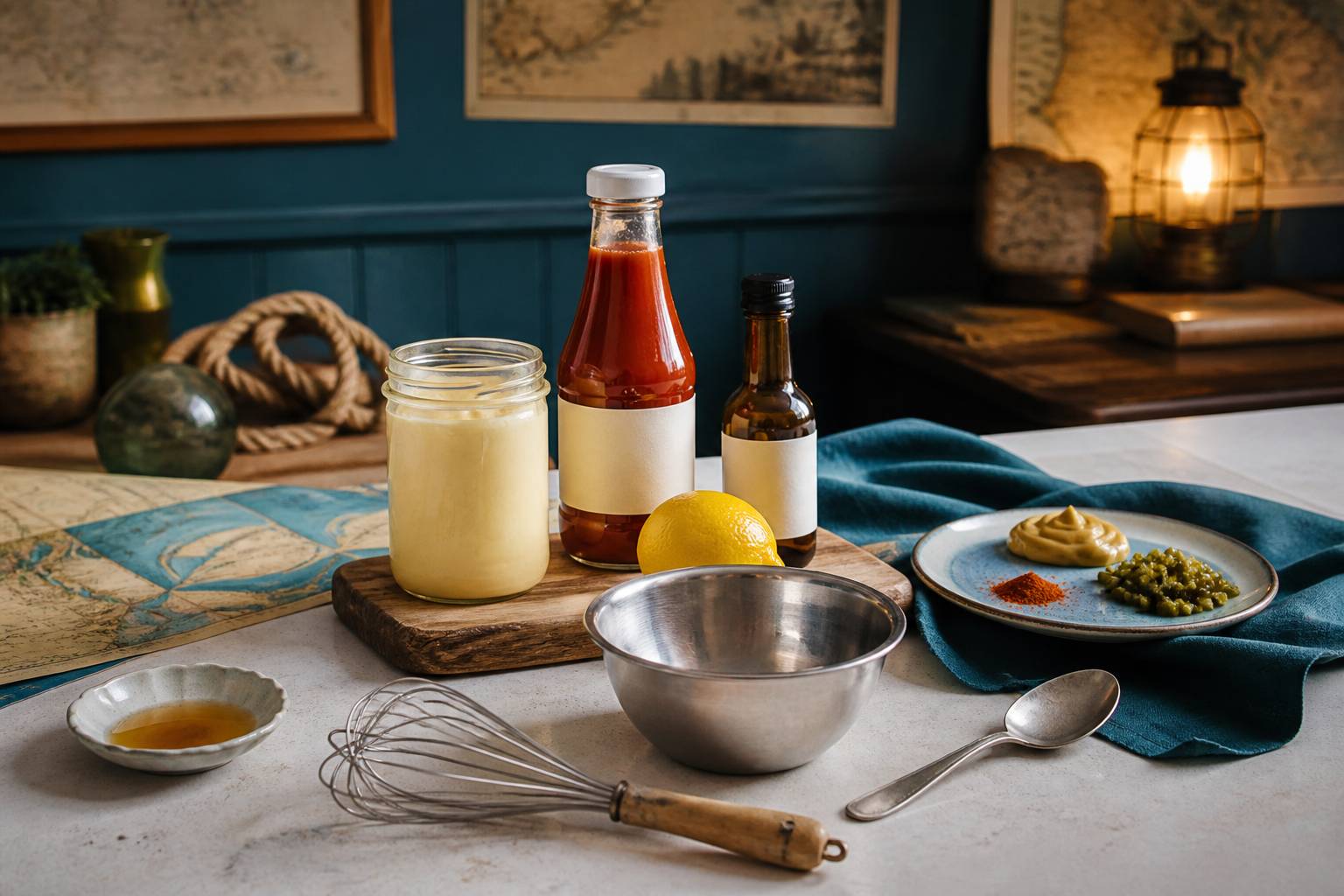 Ingrédients de la sauce cocktail : mayonnaise, ketchup, citron et fouet