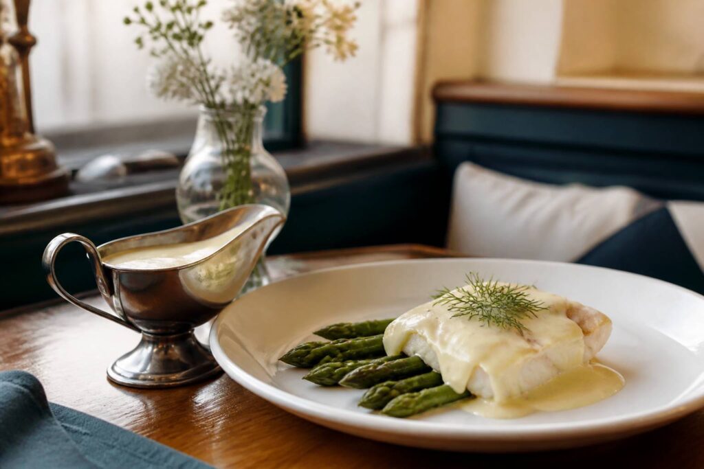 Saucière de sauce mousseline avec un poisson blanc et des asperges vertes