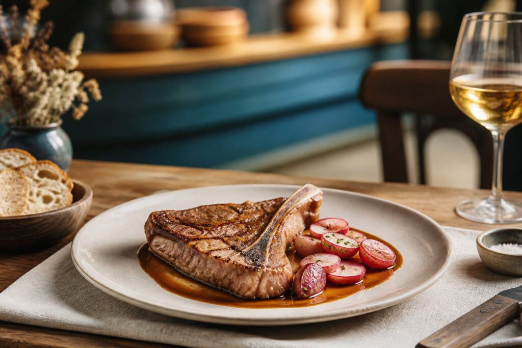 T-bone de veau rosé avec radis glacés au miel