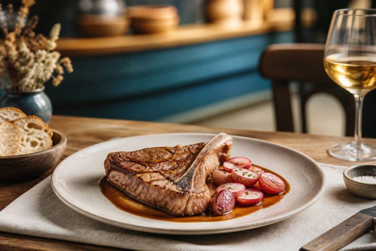 T-bone de veau de lait relevé au gingembre et accompagné de radis croquants