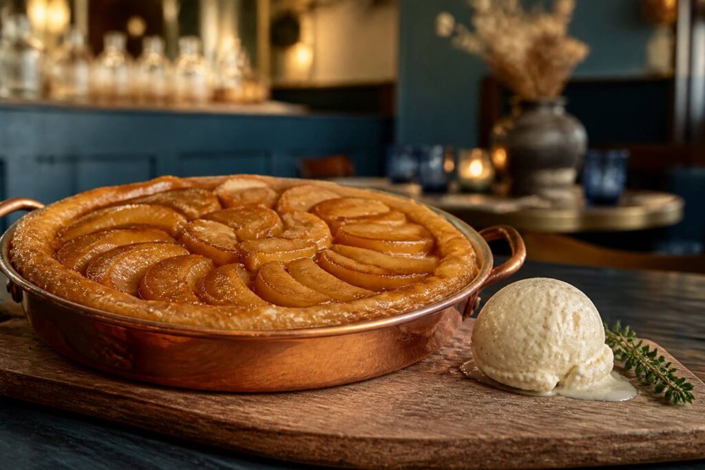 Tarte Tatin aux pommes caramélisées dans un moule en cuivre