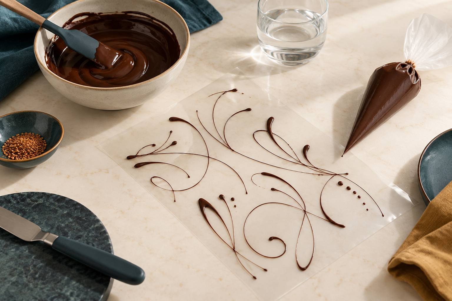 Poste de patisserie avec chocolat fondu, poche a douille et decorations tracees