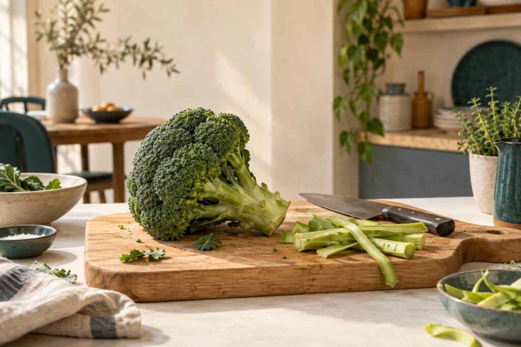 Brocoli frais entier sur une planche en bois avec couteau et tiges pelees