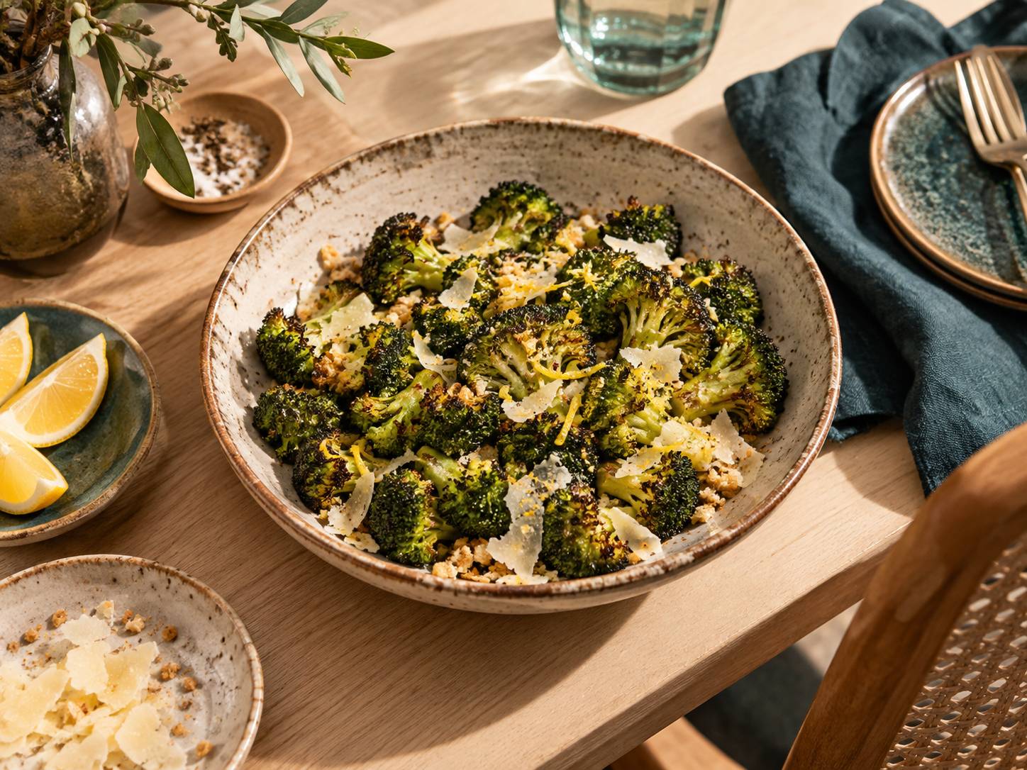 Plat de brocoli roti avec zeste de citron et copeaux de fromage