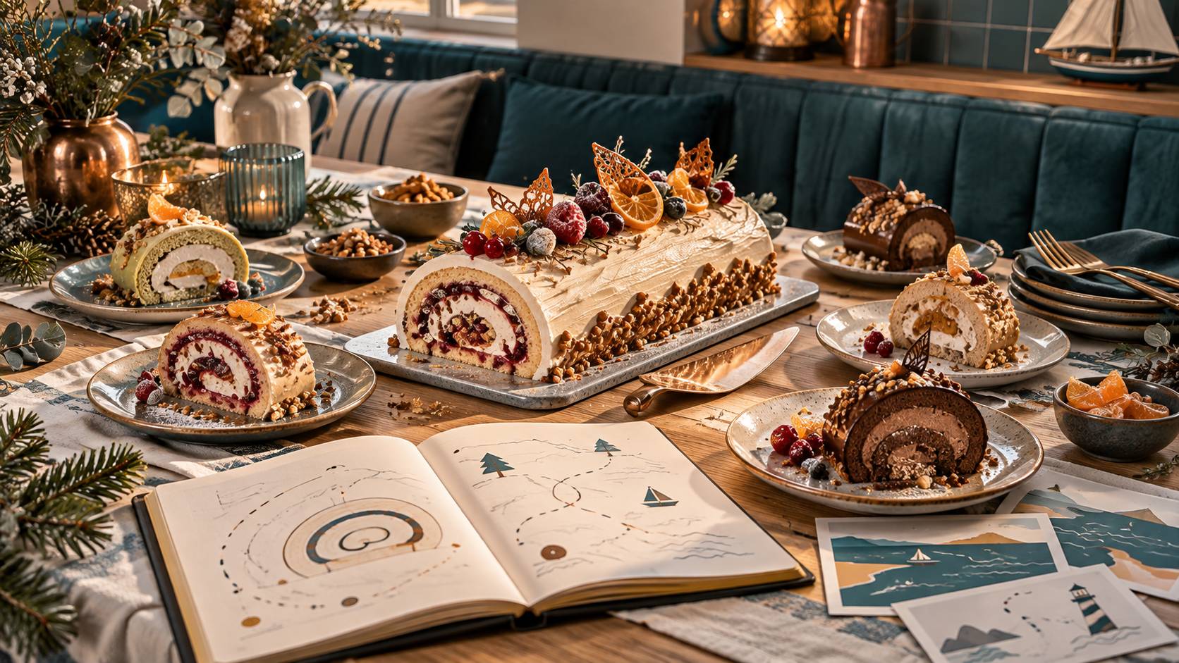 Illustration éditoriale du sujet : Bûches de Noël : 45 recettes inédites pour des fêtes délicieusement gourmandes