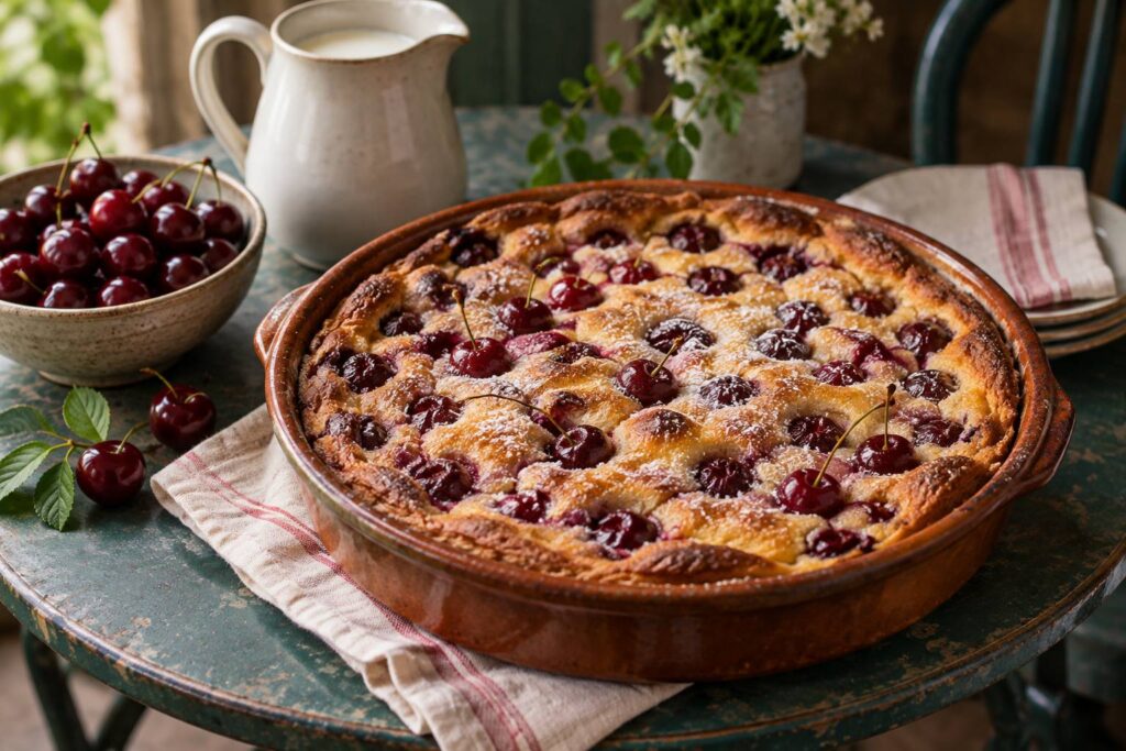 Clafoutis aux cerises entières dans un plat en terre cuite sur une table de bistrot