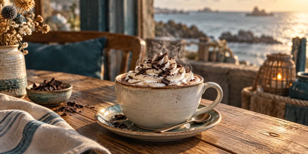 Tasse de chocolat chaud viennois garnie de chantilly et de copeaux de chocolat