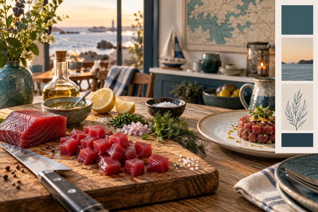 Illustration éditoriale du sujet : Délicieuse recette facile de tartare de thon rouge frais