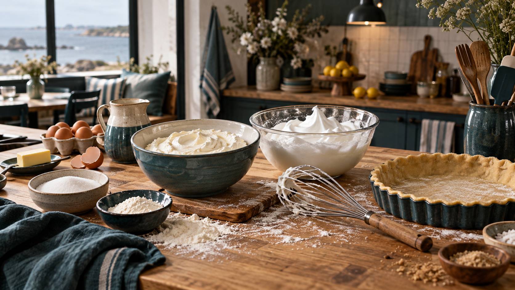 Tarte au fromage blanc doree sur une table de cuisine avec ses ingredients