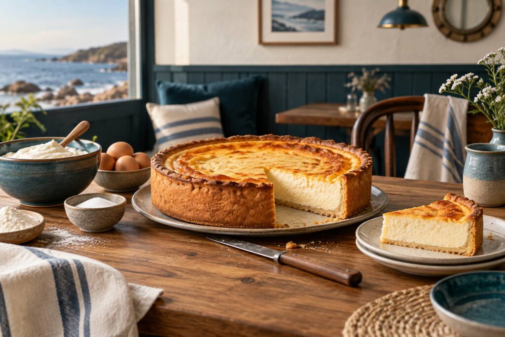 Tarte au fromage blanc doree sur une table de cuisine avec ses ingredients