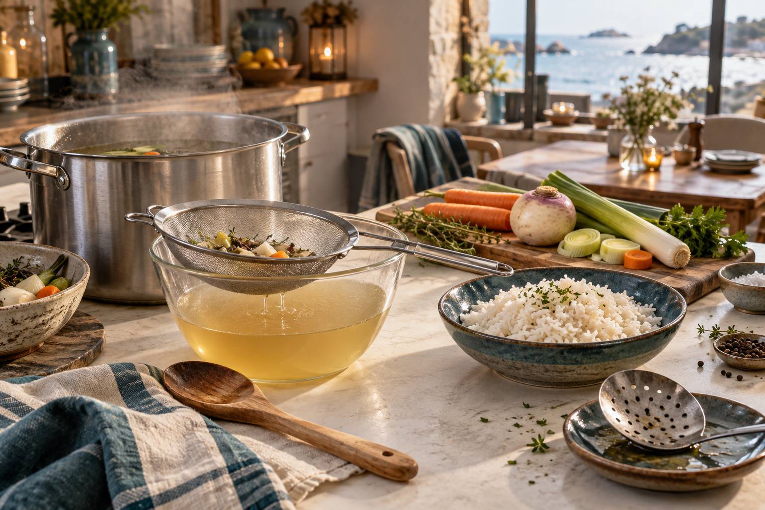 Bouillon filtré et riz cuit à part pour une poule au riz