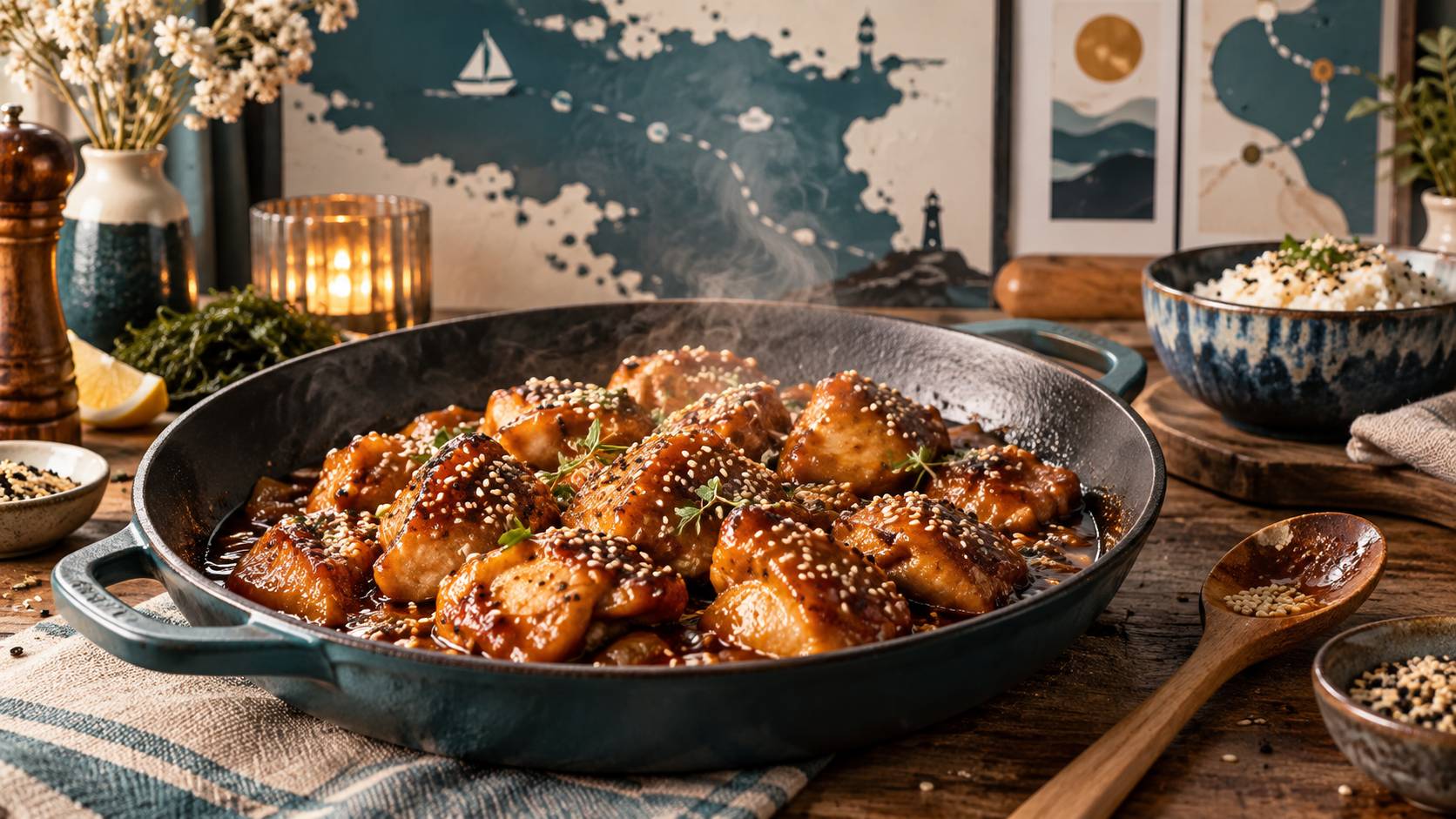 Détail de la sauce caramel nappant le poulet aux graines de sésame