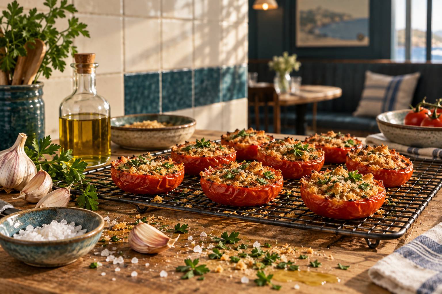 Demi-tomates sur grille avec persillade et chapelure