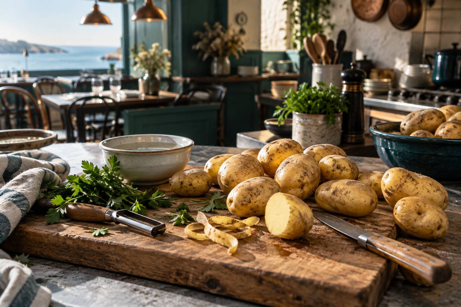 Tubercules Agata avec économe et couteau sur une planche