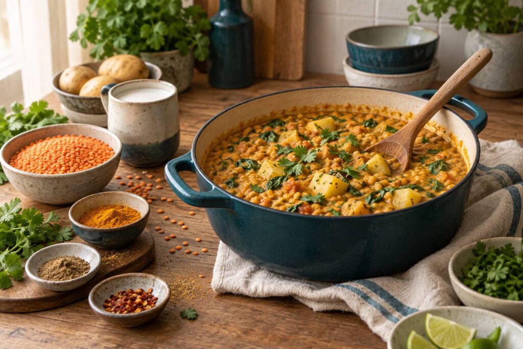 Sauteuse de dhal aux lentilles corail et pommes de terre dans une cuisine de bistrot