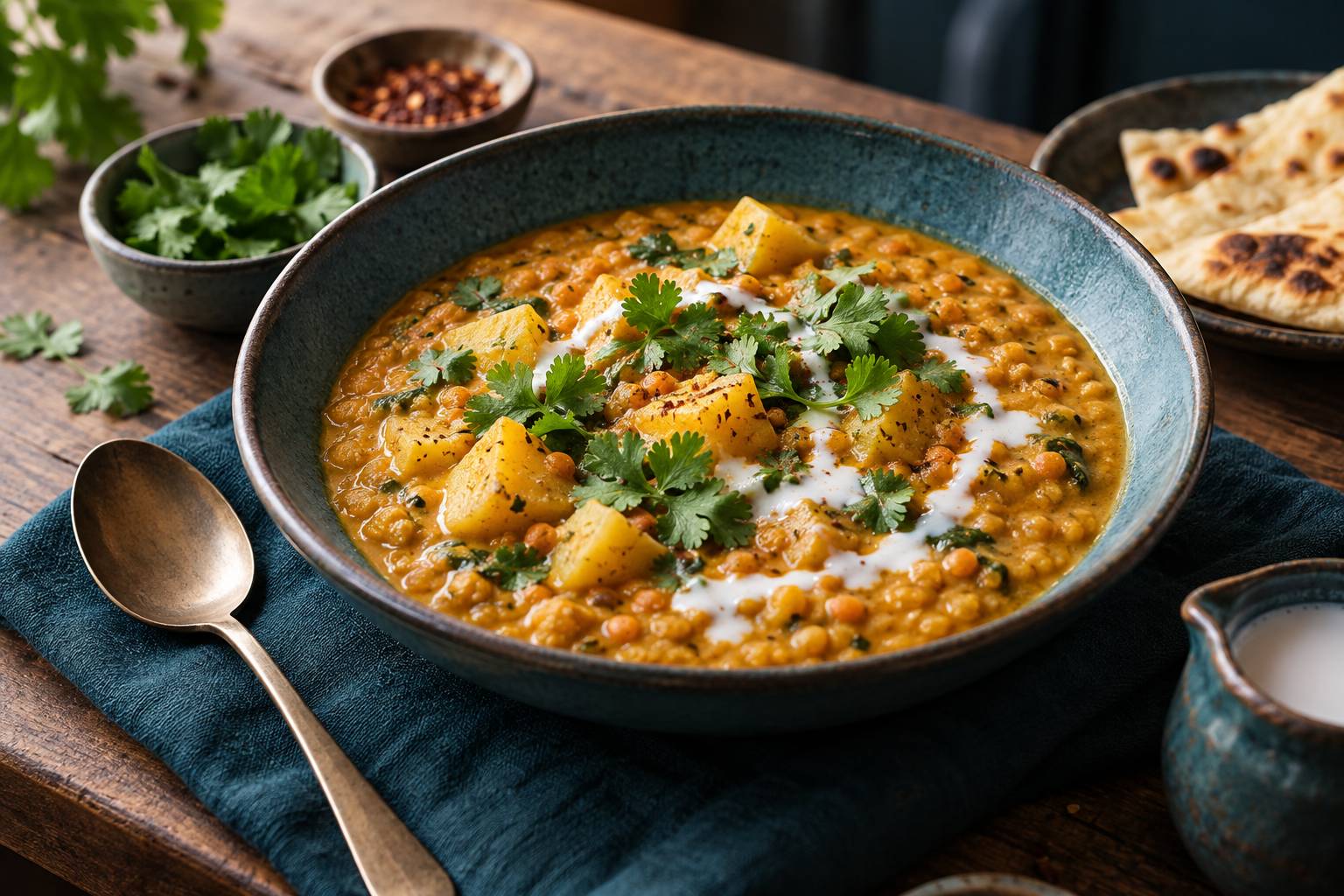 Assiette creuse de dhal cremeux aux lentilles corail garnie de coriandre