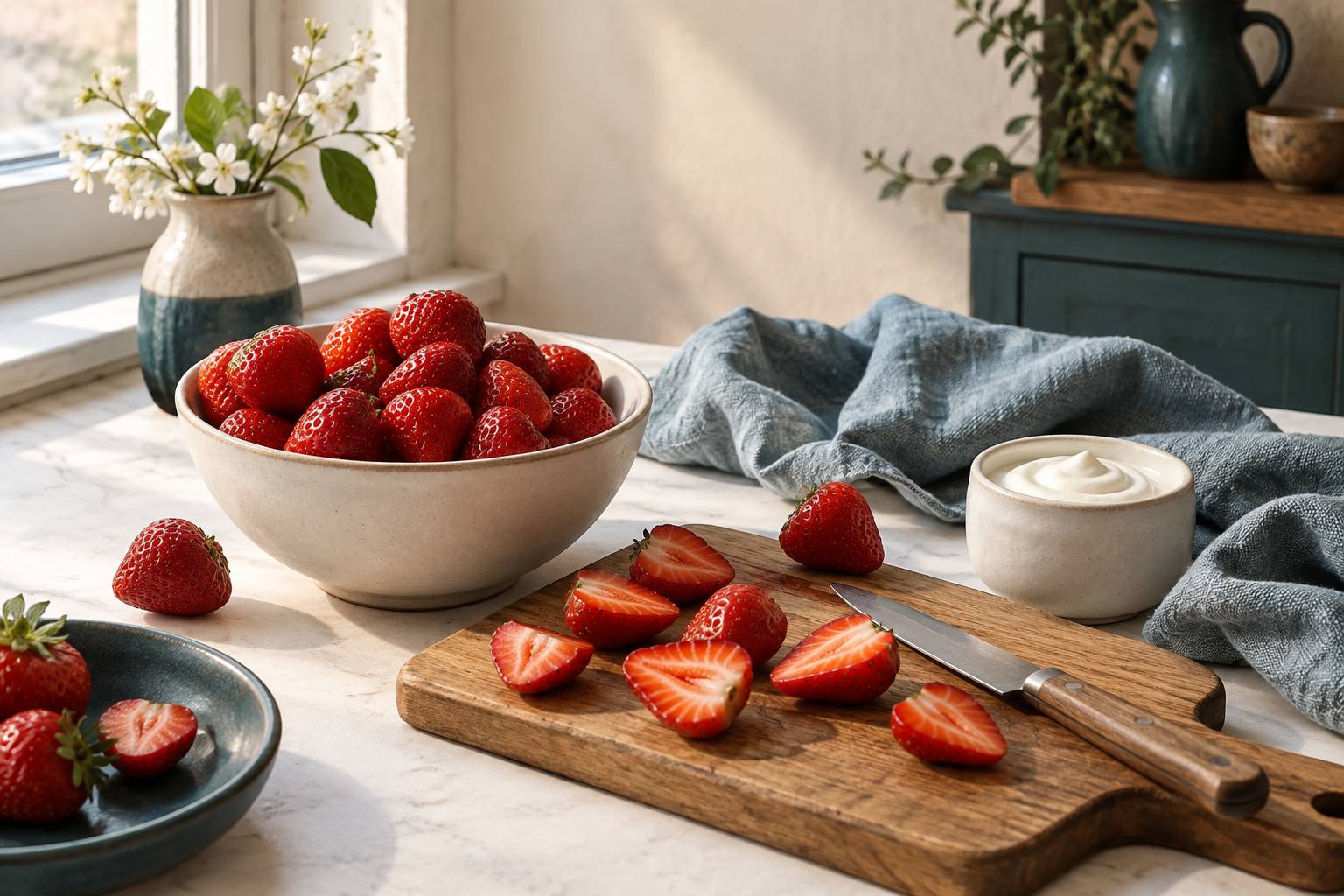 Bol de fraises équeutées près d'une fenêtre avec planche à découper