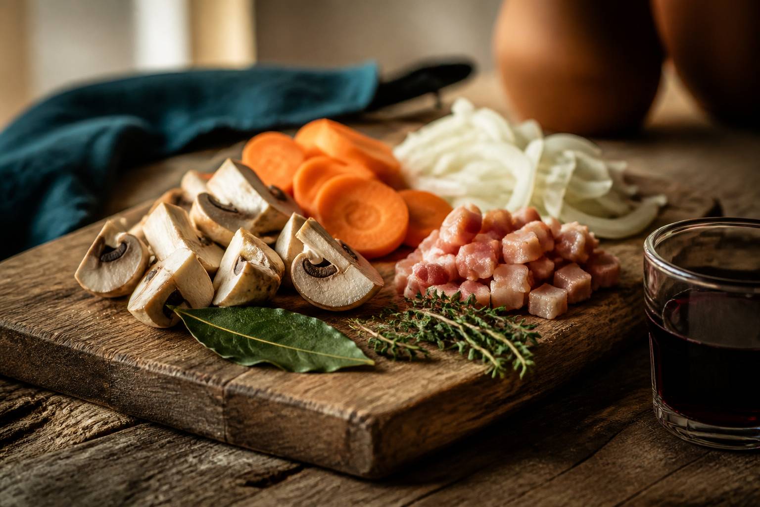 Champignons en quartiers, carottes, oignons et lardons fumés préparés pour un mijoté bourguignon