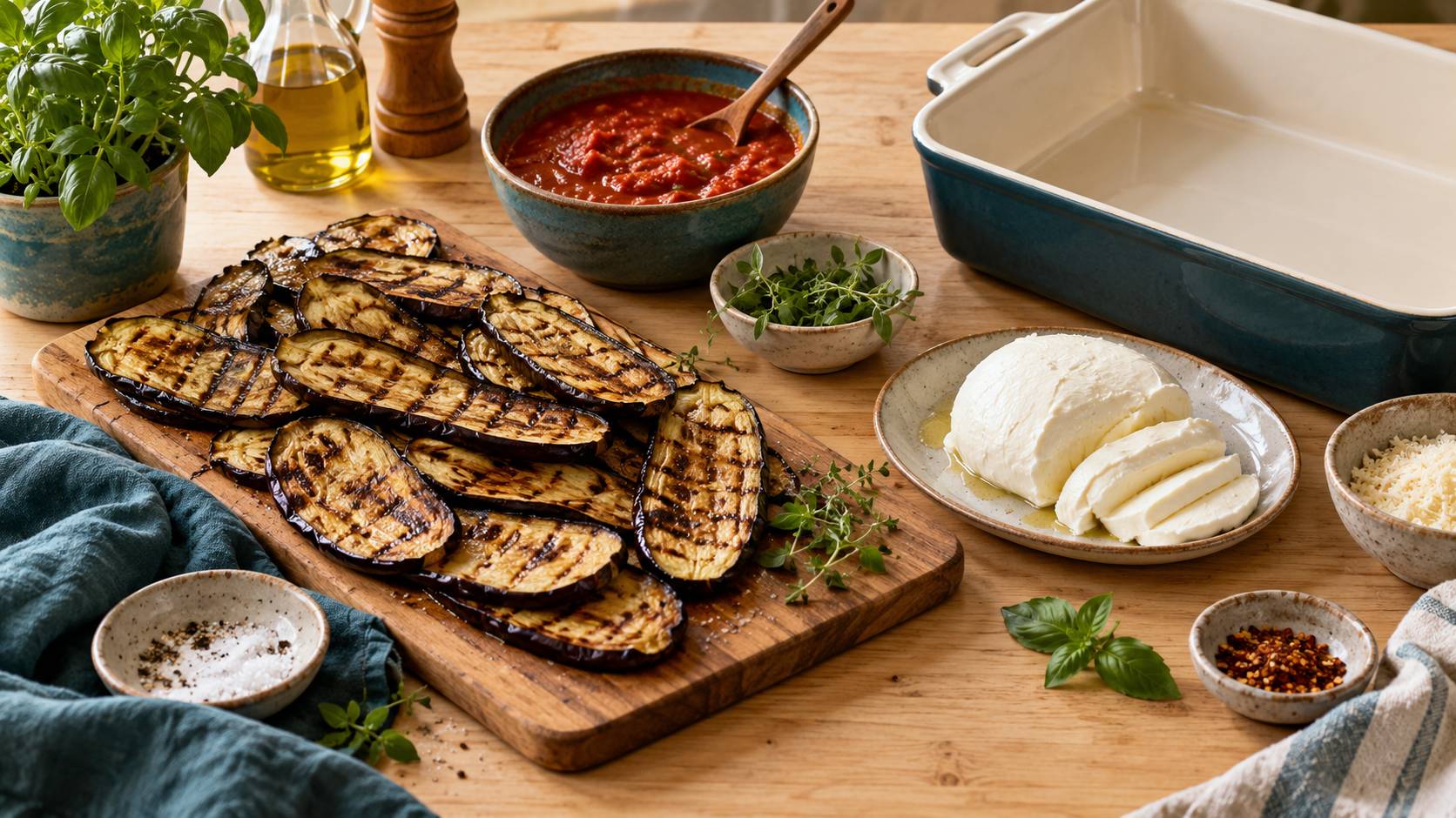 Tranches d'aubergines grillees, sauce tomate et mozzarella sur un plan de travail