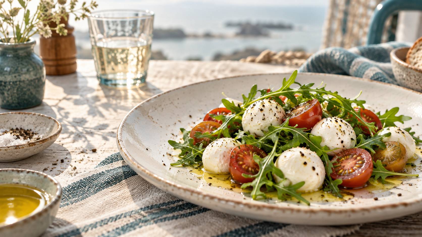 Gros plan sur des billes de mozzarella et tomates cerises avec roquette