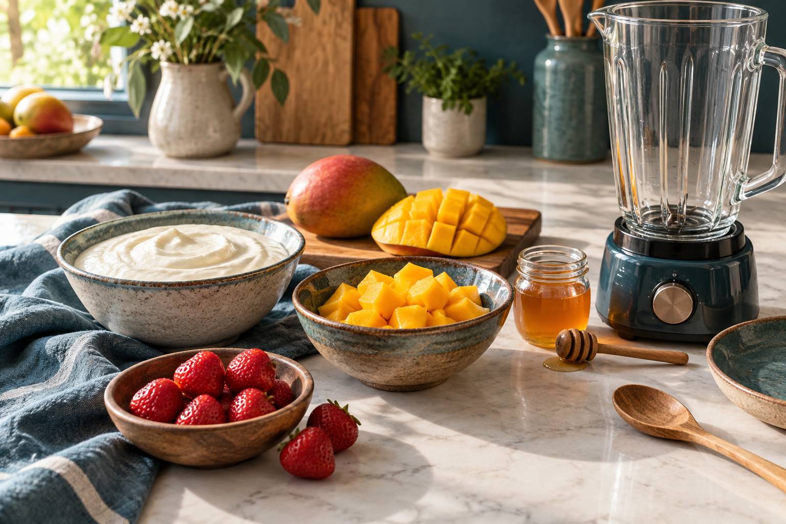 Yaourt, mangue et fraises prêts à mixer pour un lassi maison
