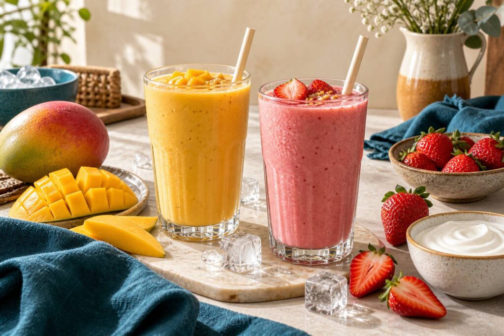 Deux verres de lassi à la mangue et à la fraise entourés de fruits frais